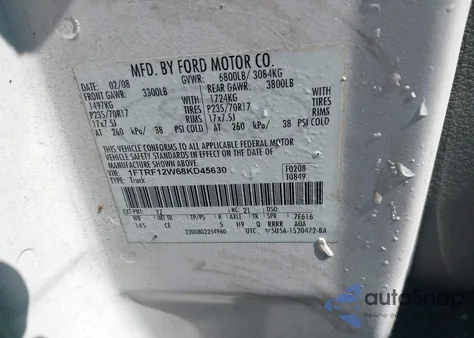 2008 Ford F-150 Fx2/Stx/Xl/Xlt из США, поврежденный, VIN 1FTRF12W68KD45630